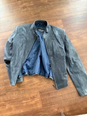 Izod Black Leather Jacket with Navy Lining